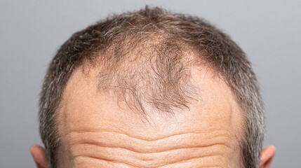 Obraz premium Close-up of mature man's head showing thinning hair, receding hairline, and wrinkles. Depicts aging, genetics, hair loss concerns and grooming needs for personal care.
