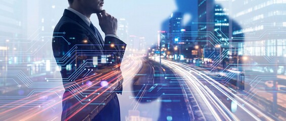 Businessman Thinking with Futuristic Digital City and Circuit Overlay Business Life Panaromic Concept
