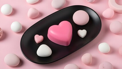Happy valentine's day greeting with pink and white hearts on black plate