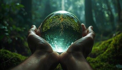 Hands holding glowing sphere with digital tree roots in deep forest