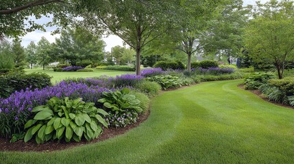 Obraz premium Lush green lawn curves through a tranquil garden scene, framed by trees and vibrant purple flowers. A peaceful outdoor landscape invites calm and relaxation.