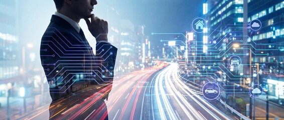 Businessman Thinking with Futuristic Digital City and Circuit Overlay Business Life Panaromic Concept