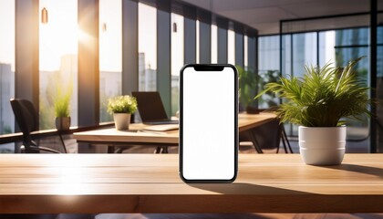 the smartphone mockup on a wooden desk in a modern sunlit office