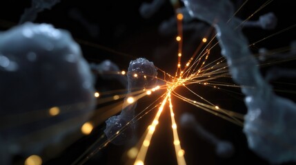 An artistic rendering of a quantumannealing process visualizing particles swirling and colliding within a computer framework guiding the formation of a protein globule with light trails