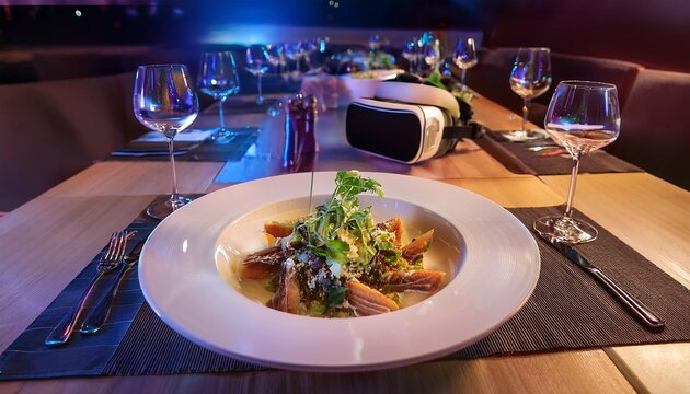 capture an unexpected low angle perspective of a high tech dining experience merging virtual reality with gastronomy - Powered by Adobe