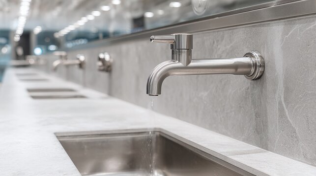 A row of stainless steel sinks and faucets against a marble wall, highlighting cleanliness and modern design. Minimalist style water feature for a serene, hygienic space.