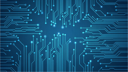 Complex circuit board with glowing connections and microchips viewed from directly above in a dark blue environment