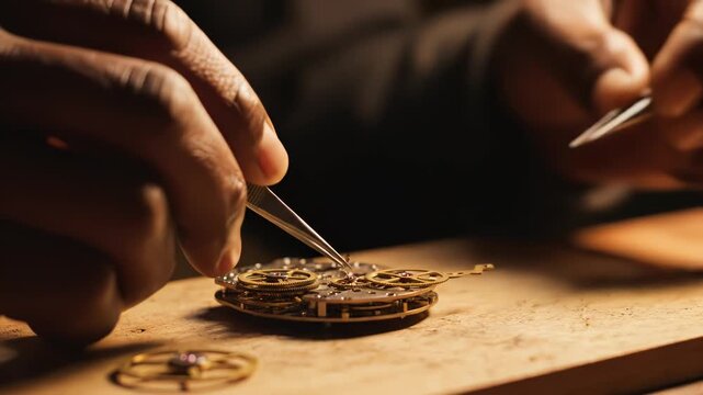 Hands working on intricate watch mechanism