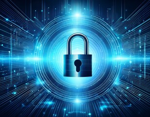 padlock with hi tech circle on blue background cyber security symbol