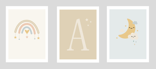 Children's posters for the room. Letter A. A set of three cute posters with a rainbow and the moon. Vertical composition.