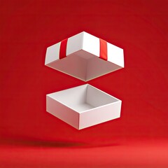 Floating, open white gift box with red ribbon against a vivid red background