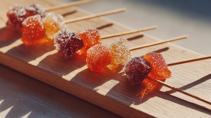 Close-up of shiny candied fruit skewers (Tanghulu) with colorful grapes on wooden table in sunlight.
