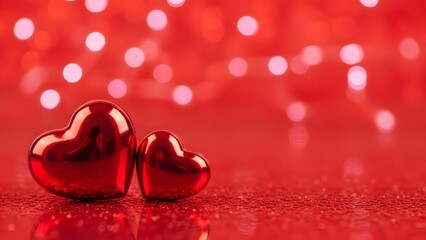 Happy valentine's day wishes with shiny red hearts on romantic background with bokeh lights