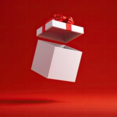 A white gift box, its lid floating above, set against a vibrant red backdrop