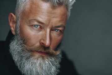 Mature Bearded Man with Intense Gaze Against Dark Background.