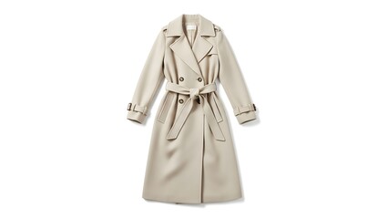 Long beige trench coat fashion apparel.