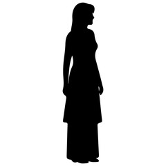 Silhouette of a Woman in a Long Dress Standing Profile.