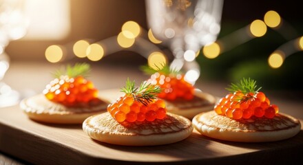 Gourmet blinis with red caviar and fresh dill appetizers