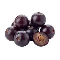 Obraz premium Fresh jabuticaba fruits arranged whole and halved, showing glossy dark purple skin and translucent pulp with a central seed, highlighting tropical freshness, texture, and natural ripeness.