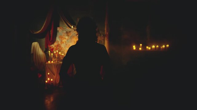 unrecognizable silhouette medieval lady walking in dark room, light of burning candles. fantasy woman queen victorian dress old style. Mysrtery gothic sexy girl princess. masquerade ball costume party