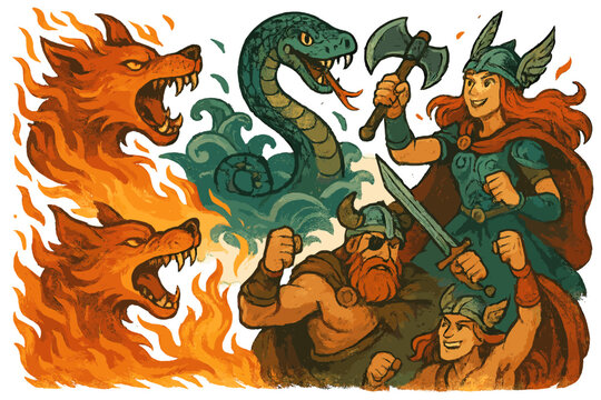 Ragnarok_ Fiery Wolves & Smiling Serpents. Ragnarok prophecy illustrated with fiery wolves, smiling serpents, and gods preparing