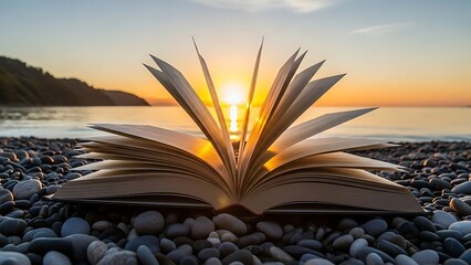 Open book resting on dark pebbles at the beach with bright sunlight illuminating the pages during sunset