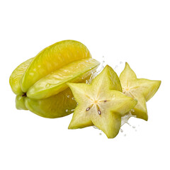Fototapeta premium Fresh starfruit (carambola) shown whole and sliced, revealing star-shaped translucent flesh with seeds, vibrant green-yellow color, and juicy texture.