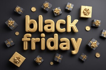 Shiny gold "black friday" text surrounded by gift boxes & coins on a dark background