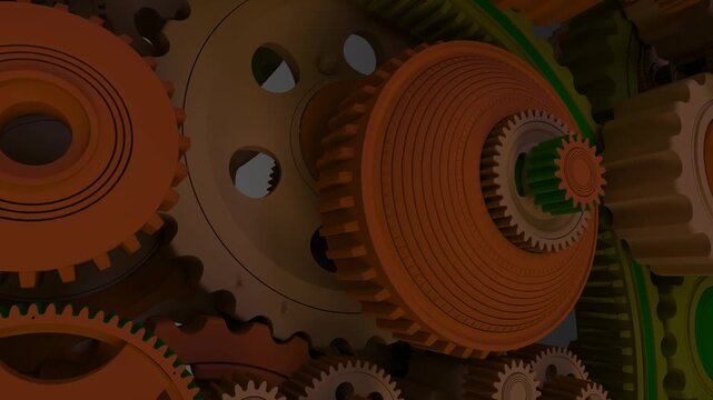 Concept footage of multiple gears forming a brain shape while the camera moves between parts showing a mechanical model of intelligence.