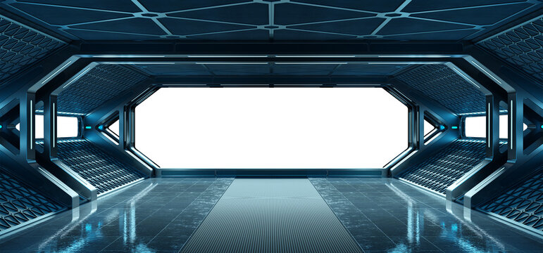 Futuristic dark starship with glowing lights. 3D rendering. Black spaceship interior with isolated cut out transparent window