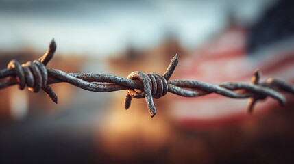 A weathered strand of barbed wire, its rusty tendrils reaching towards the light, hints at boundaries, protection, and resilience against the horizon. A stark symbol of division.