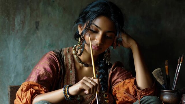 Indian woman painter in thoughtful pose, subtle cultural elements in clothing and tools, soft daylight, editorial artistic portrait, clean and professional mood, creativity artist culture