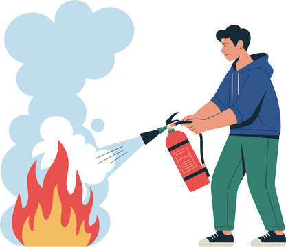 Man using fire extinguisher to put out small flame for emergency safety and fire prevention concept vector