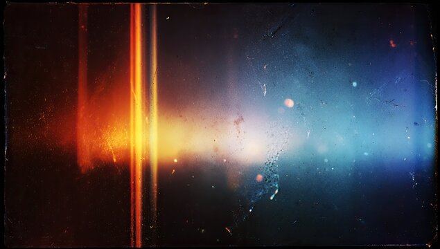 Abstract color field with light streaks and gradients, in vintage style with film grain