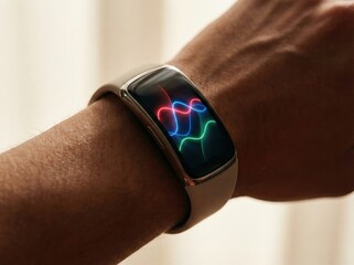 Smart fitness band on male wrist showing colorful waveform display indicating biometric health data monitoring concept