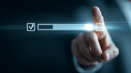 Digitized hand selecting progress bar, symbolizing completion and digital advancements