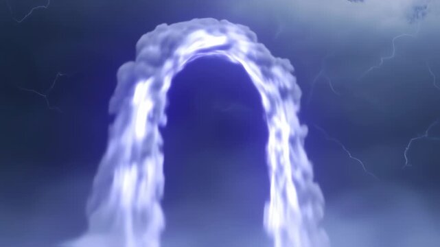 A vibrant arch of luminescent clouds dominates a stormy, electrified sky
