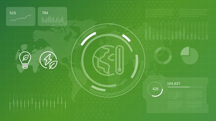 Global temperature rise data visualization with world map and ecological symbols tracking climate change progress in green digital interface - Powered by Adobe