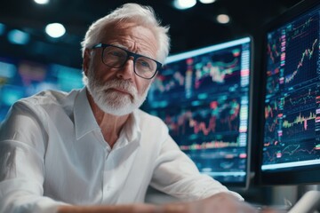 Experienced Stock Trader Analyzing Market Data on Multiple Monitors.