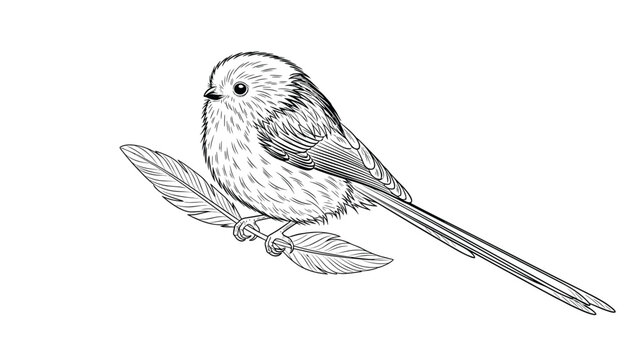 Artistic line drawing of a tiny long-tailed tit bird perched delicately on a single large feather in a minimalist style.