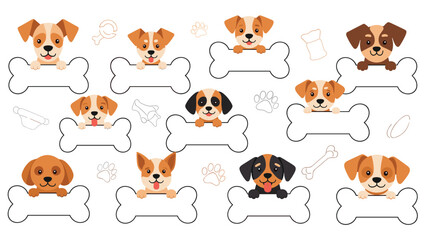 Fototapeta premium Diverse collection of cute puppy heads peeking over empty bone-shaped signboards perfect for text or name tag designs.