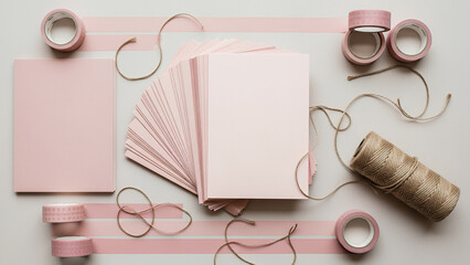 Snail mail gifts with pink stationery and wrapped presents on a pastel background concept