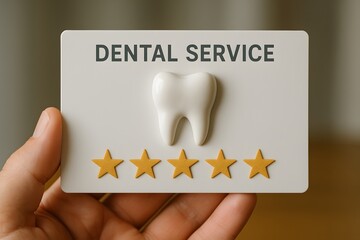 A hand holding a dental service card with a five-star rating