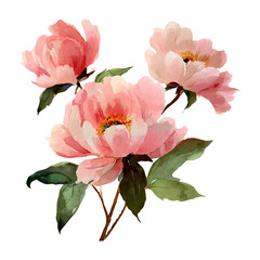 Obraz premium Pink peony blossoms blooming in watercolor style, creating a delicate botanical illustration, perfect for spring and summer floral designs, with a transparent background
