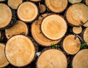 Fototapeta premium Stacked pile of cross-sections of cut tree logs with visible growth rings