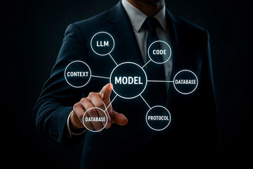 A businessman interacting with a conceptual model for technology and data