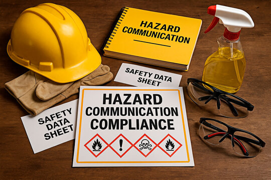 A collection of safety equipment for hazard communication compliance
