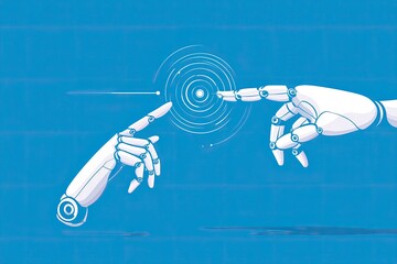 Illustration depicts robotic hands nearly touching with a digital interface in between