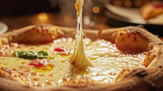 Close-up of hot, cheesy pizza with melted cheese stretching as a slice is pulled away