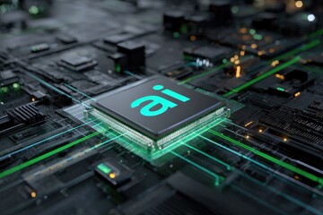 Close-up of a computer chip with "ai" illuminated in turquoise